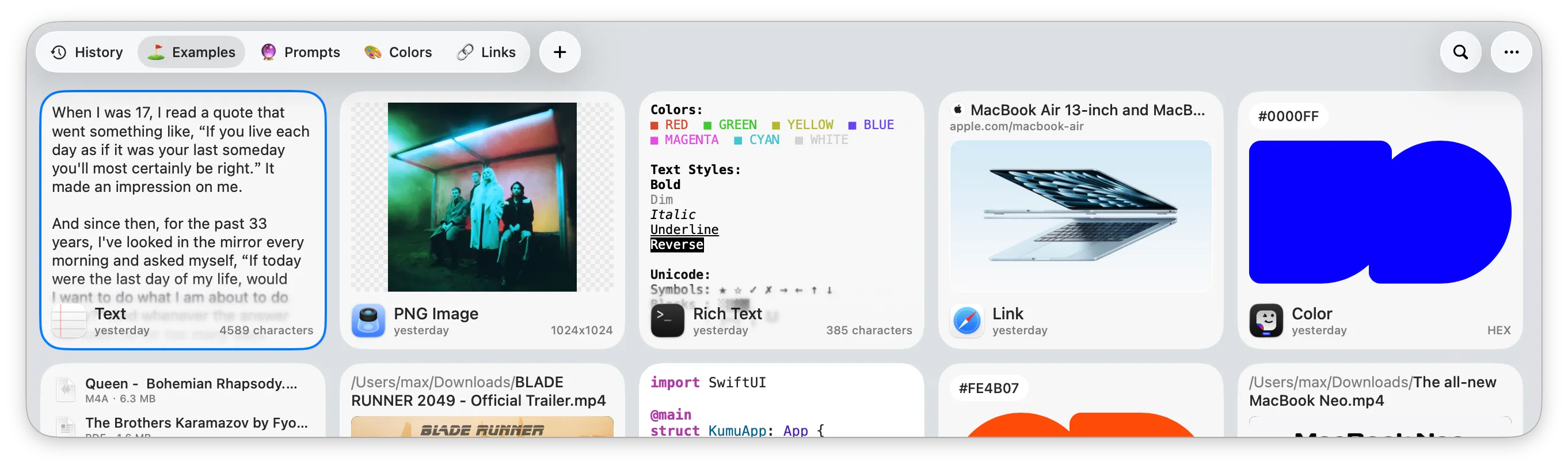 Kumu clipboard manager interface showing saved text, images, links, colors, and prompts.